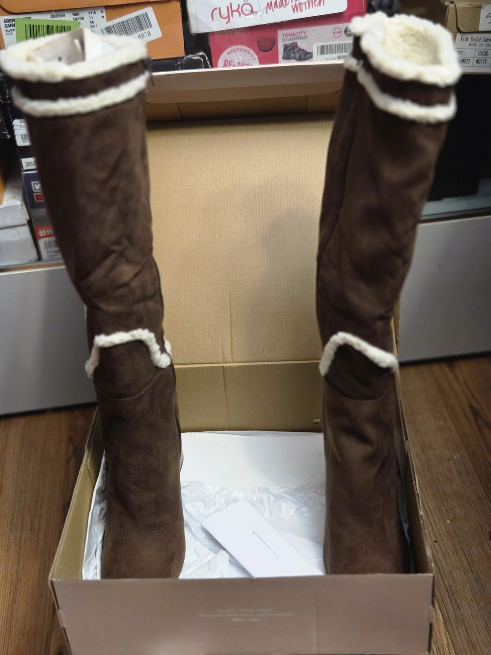 Women’s NWT Over-the-Knee Faux Suede Boots with Cozy Shearling Trim - Brown